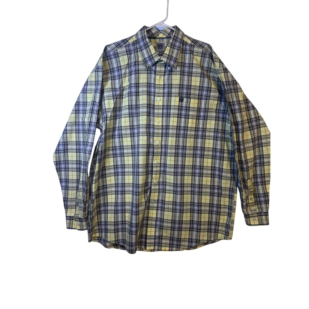 Cinch‎ Mens Plaid Long Sleeve Button Down Shirt Yellow Blue Gray XXL